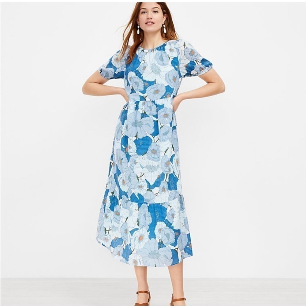 Loft Puff Sleeve Poppy Print Tiered Midi Dress - S